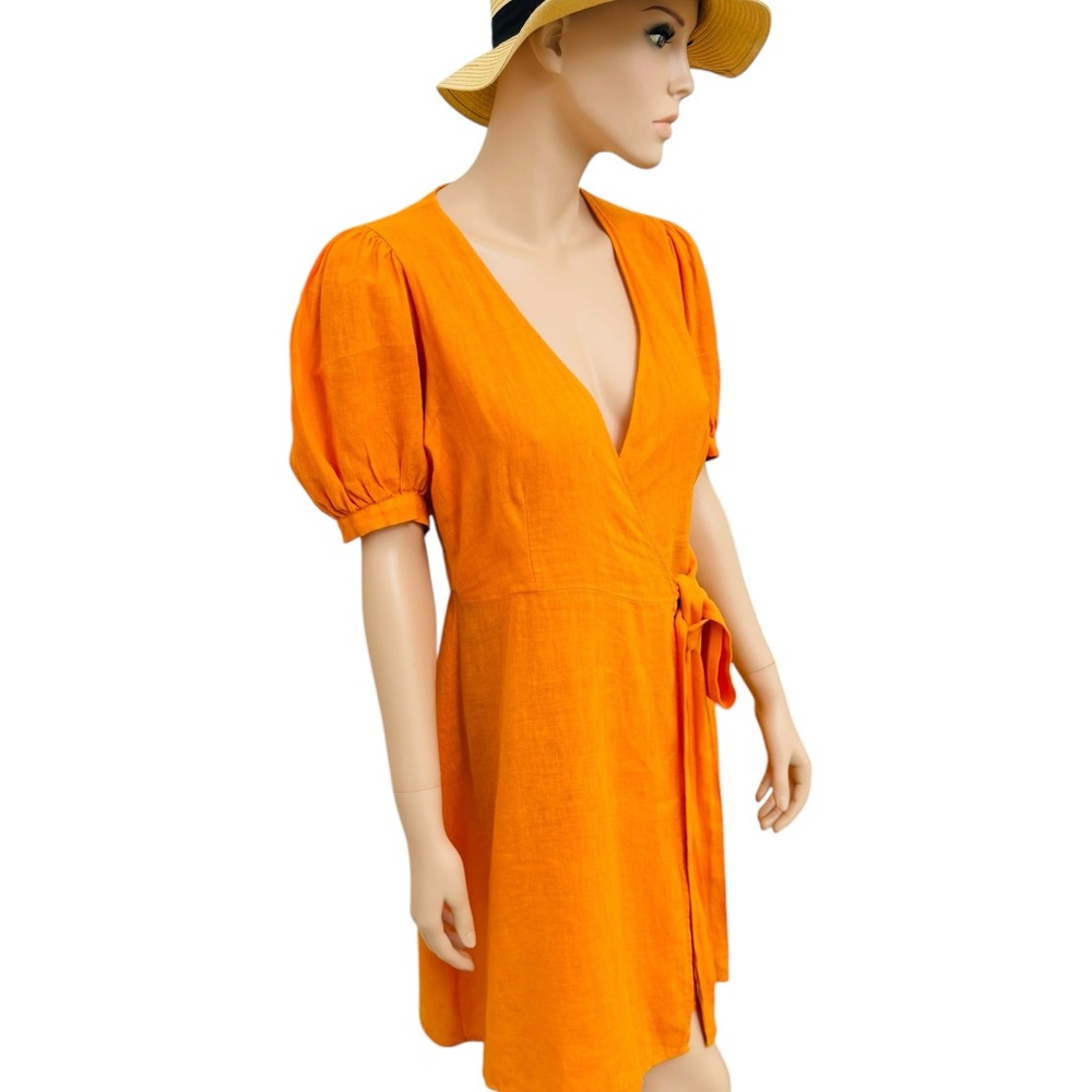 Zara 100% Linen Orange Wrap Dress Puff Sleeve Tie Waist Women’s Medium Portugal - Picture 3 of 12